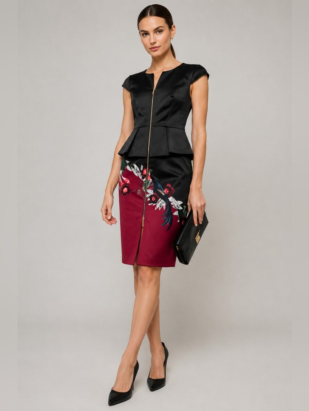 Ted Baker Jaunel Satin Bejewelled Shadow Peplum Dress Bird Print Size 2